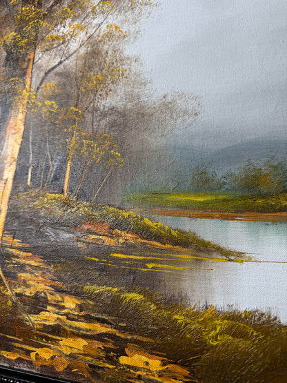 Vintage Oil Painting by W. Johnson — “Peacefulness by the Lake” — Ornate Carved Gilt Louis Frame