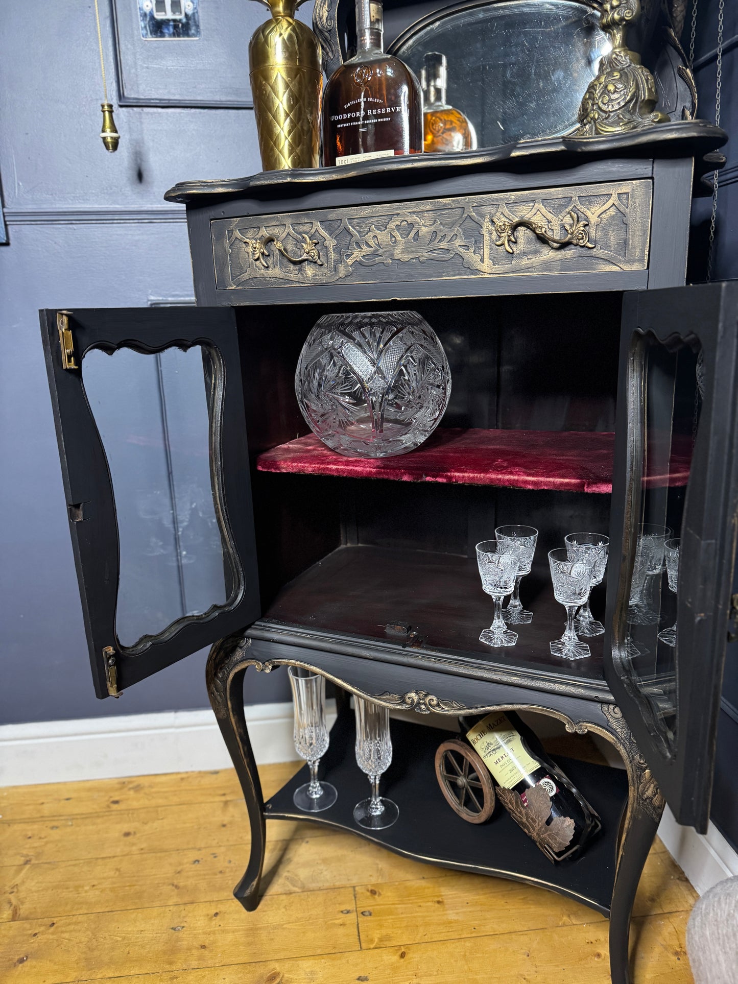 Antique Ebonised Victorian Chiffonier / Drink Cabinet — 19th Century — Upcycled Chalk Paint Finish