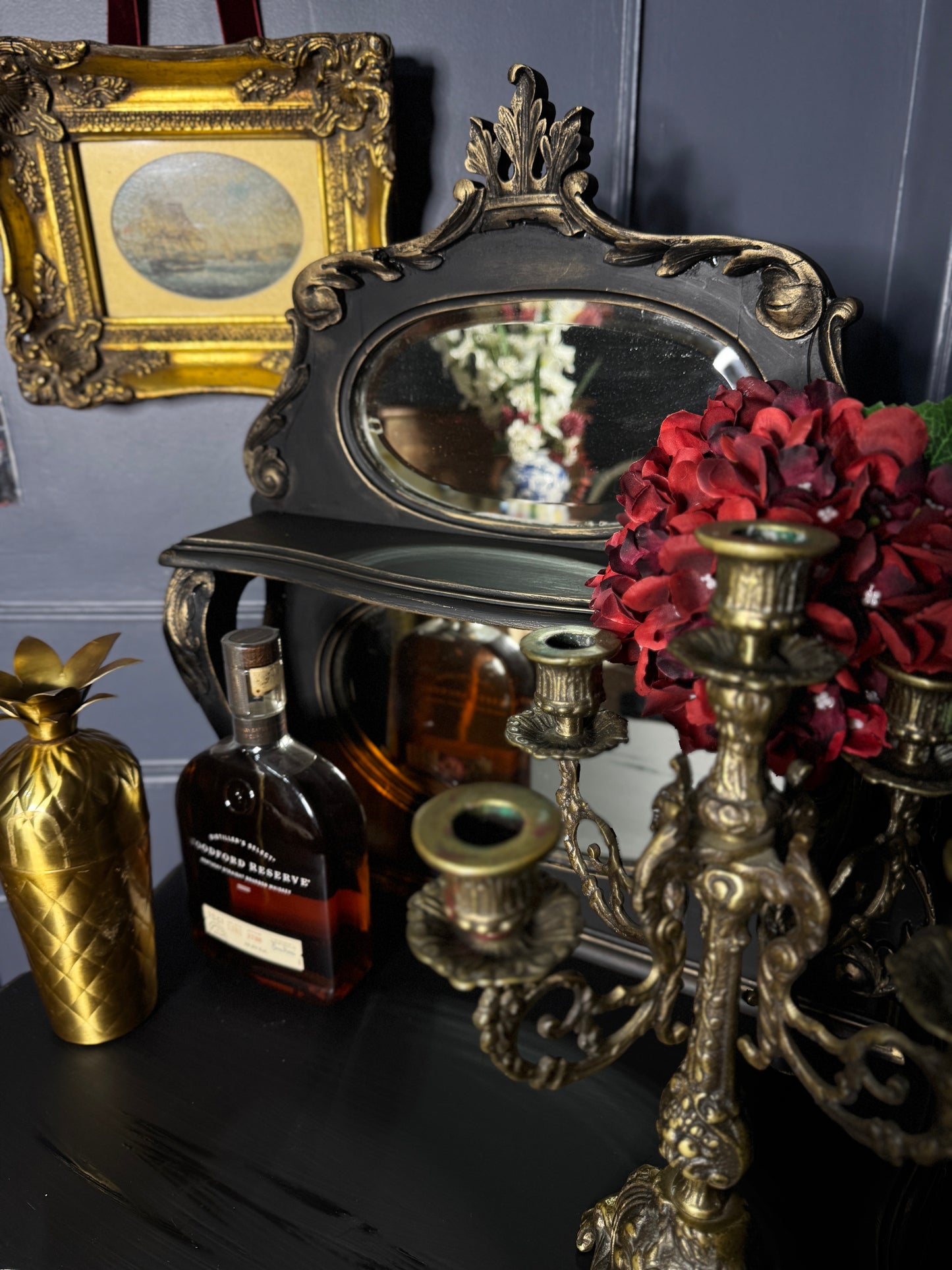 Antique Ebonised Victorian Chiffonier / Drink Cabinet — 19th Century — Upcycled Chalk Paint Finish
