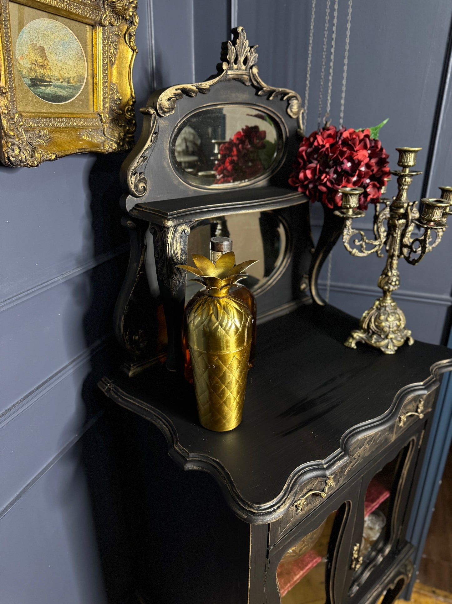 Antique Ebonised Victorian Chiffonier / Drink Cabinet — 19th Century — Upcycled Chalk Paint Finish