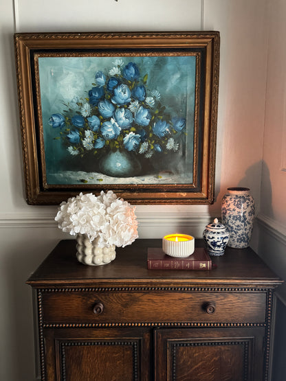 Roy Pasanault Large Floral Oil Painting Blue White Flowers in Gold Frame