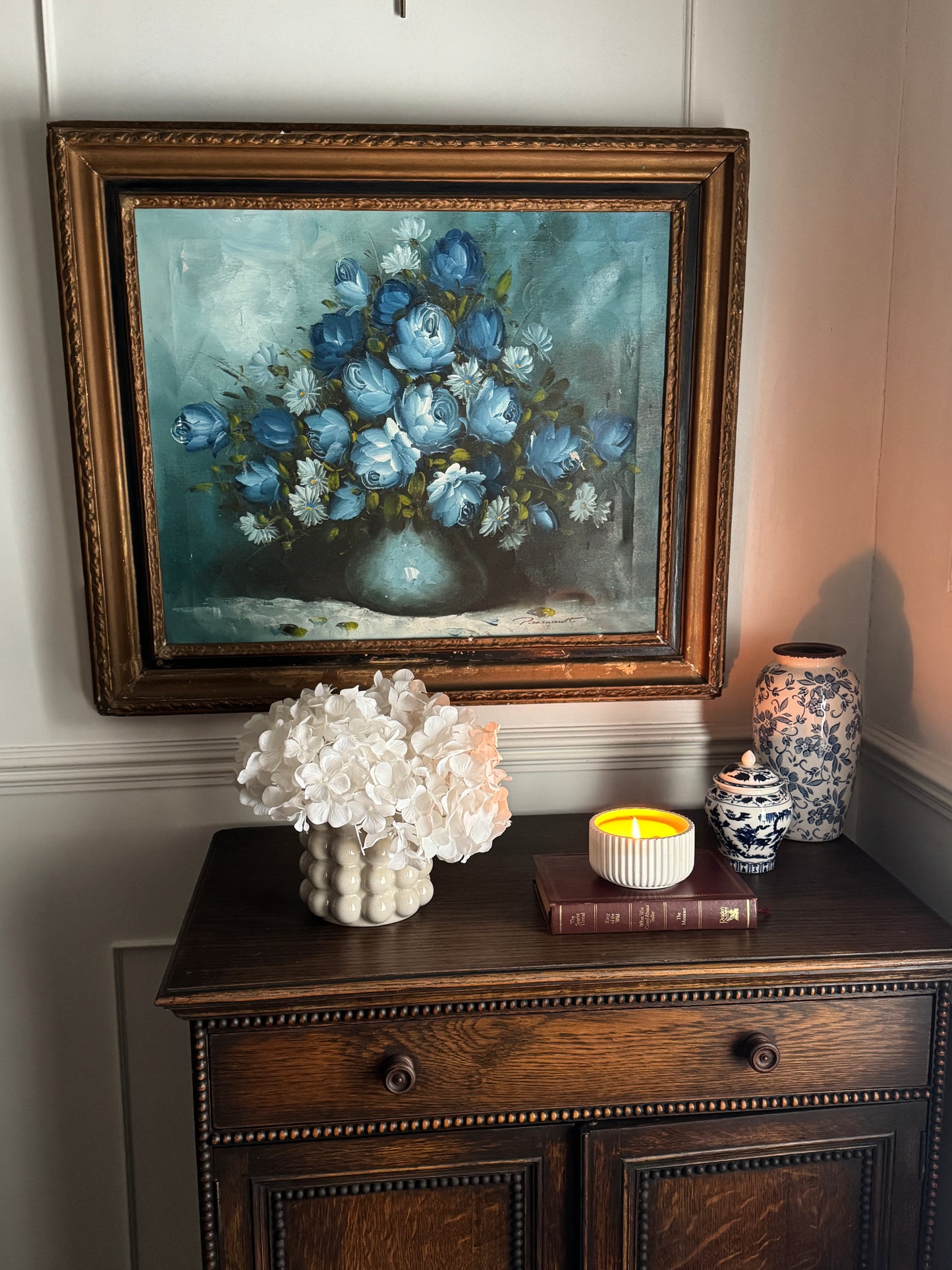 Roy Pasanault Large Floral Oil Painting Blue White Flowers in Gold Frame