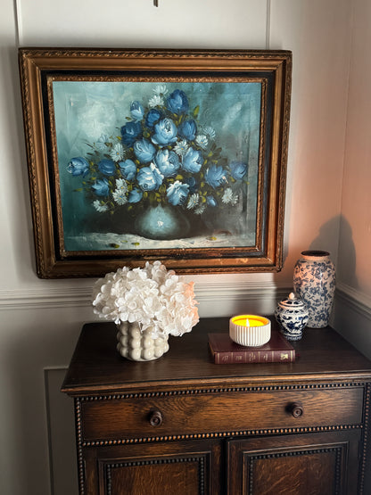 Roy Pasanault Large Floral Oil Painting Blue White Flowers in Gold Frame