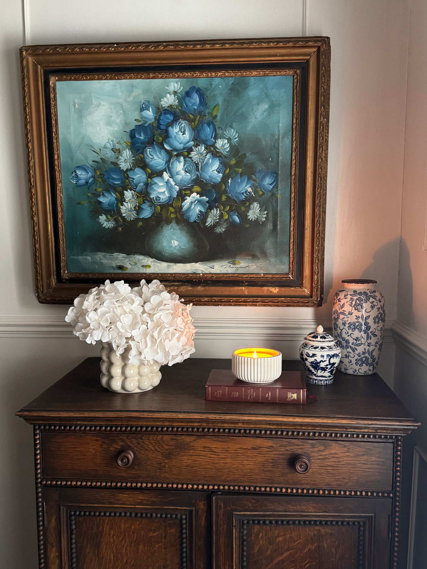 Roy Pasanault Large Floral Oil Painting Blue White Flowers in Gold Frame