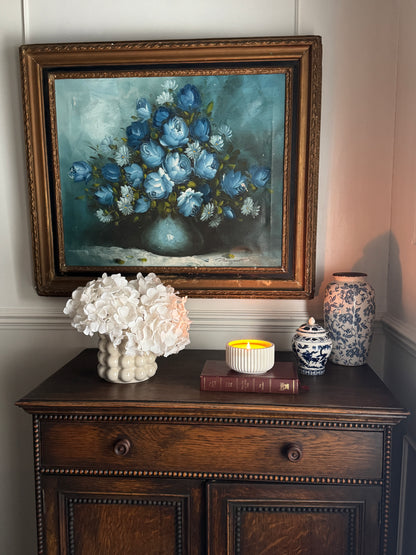 Roy Pasanault Large Floral Oil Painting Blue White Flowers in Gold Frame