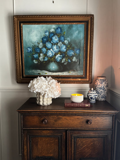 Roy Pasanault Large Floral Oil Painting Blue White Flowers in Gold Frame