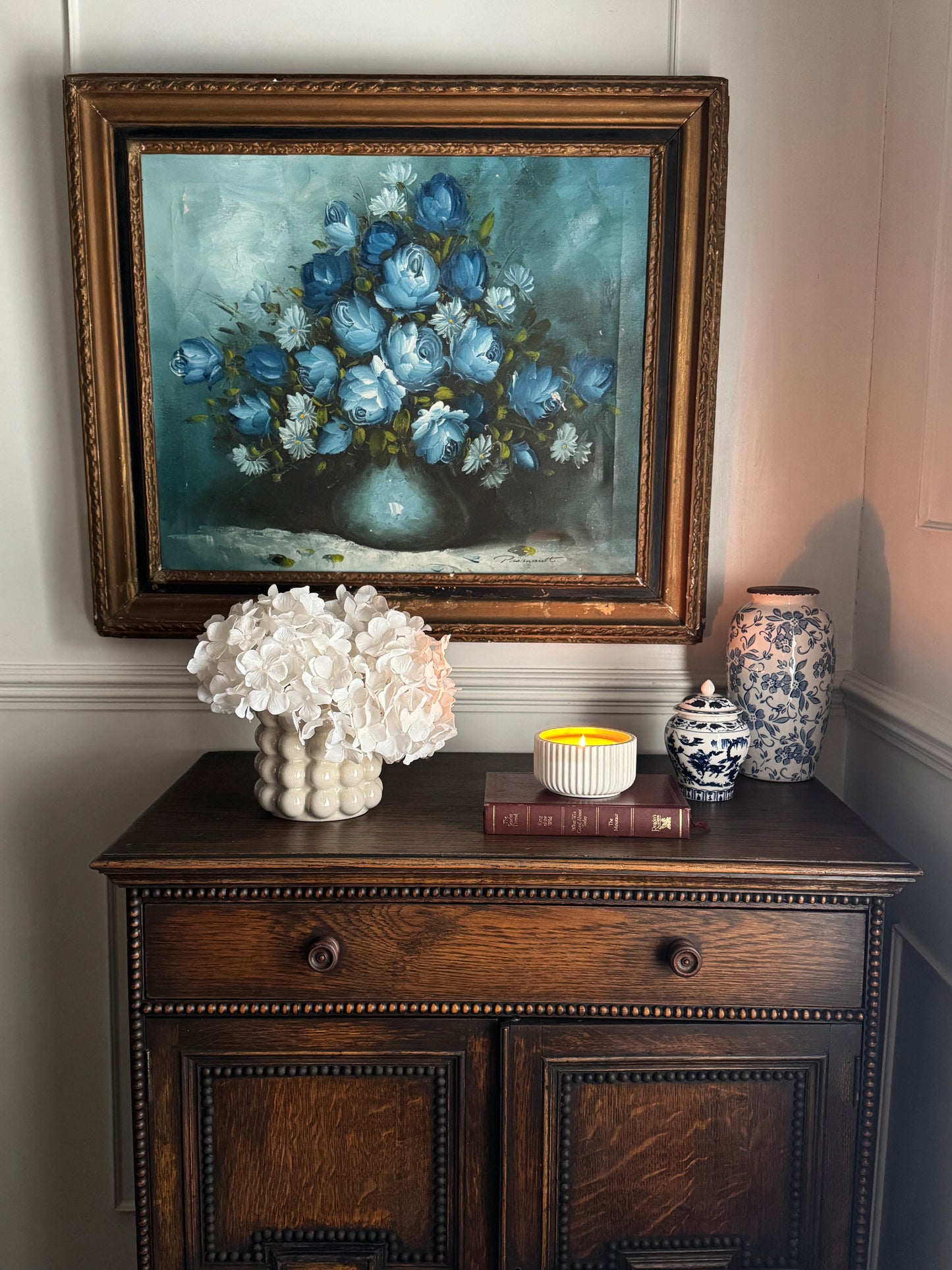 Roy Pasanault Large Floral Oil Painting Blue White Flowers in Gold Frame