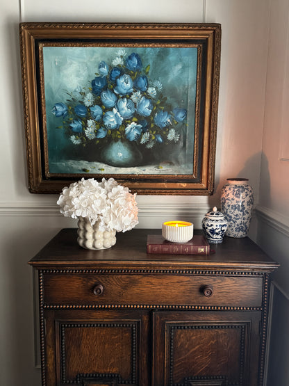 Roy Pasanault Large Floral Oil Painting Blue White Flowers in Gold Frame