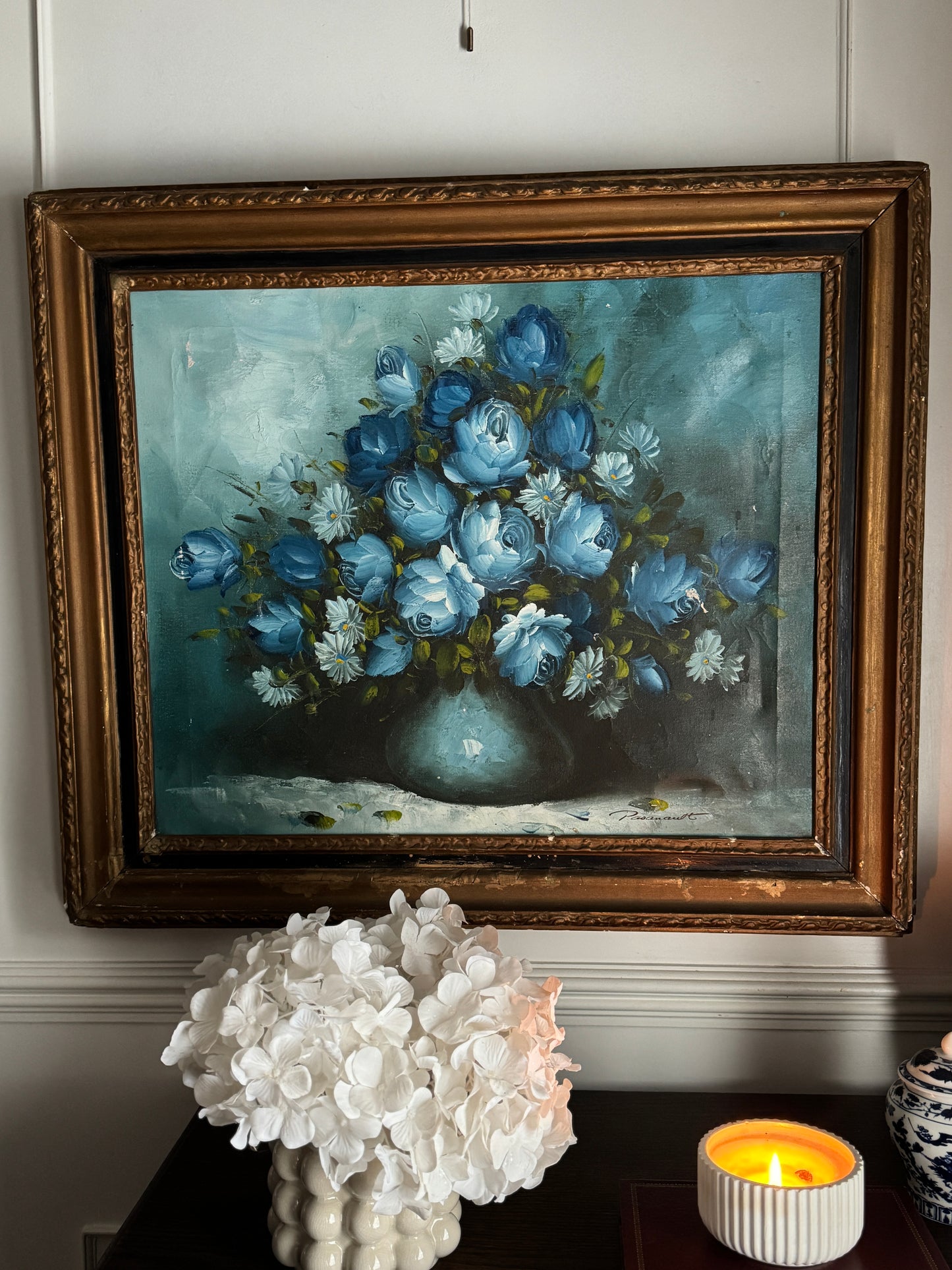 Roy Pasanault Large Floral Oil Painting Blue White Flowers in Gold Frame