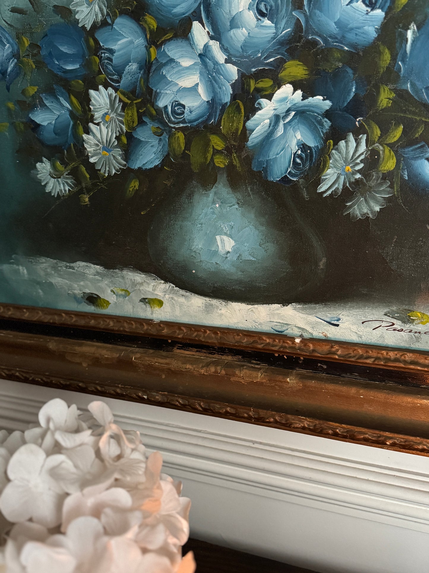 Roy Pasanault Large Floral Oil Painting Blue White Flowers in Gold Frame