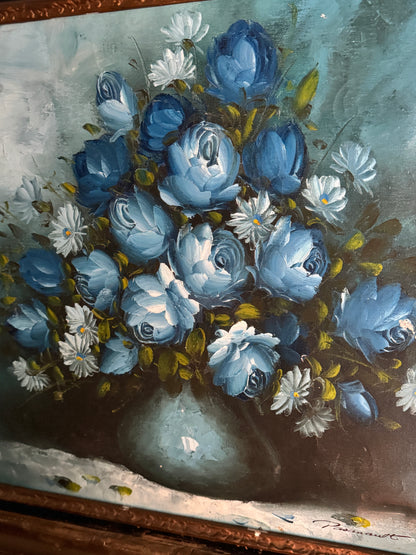 Roy Pasanault Large Floral Oil Painting Blue White Flowers in Gold Frame