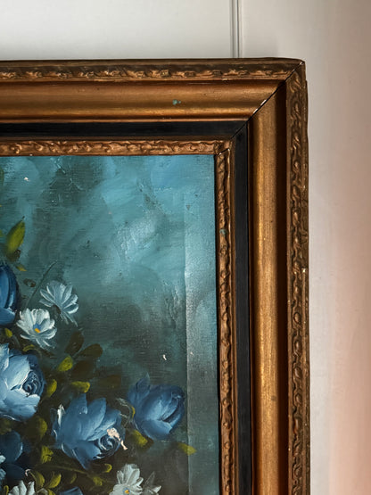 Roy Pasanault Large Floral Oil Painting Blue White Flowers in Gold Frame