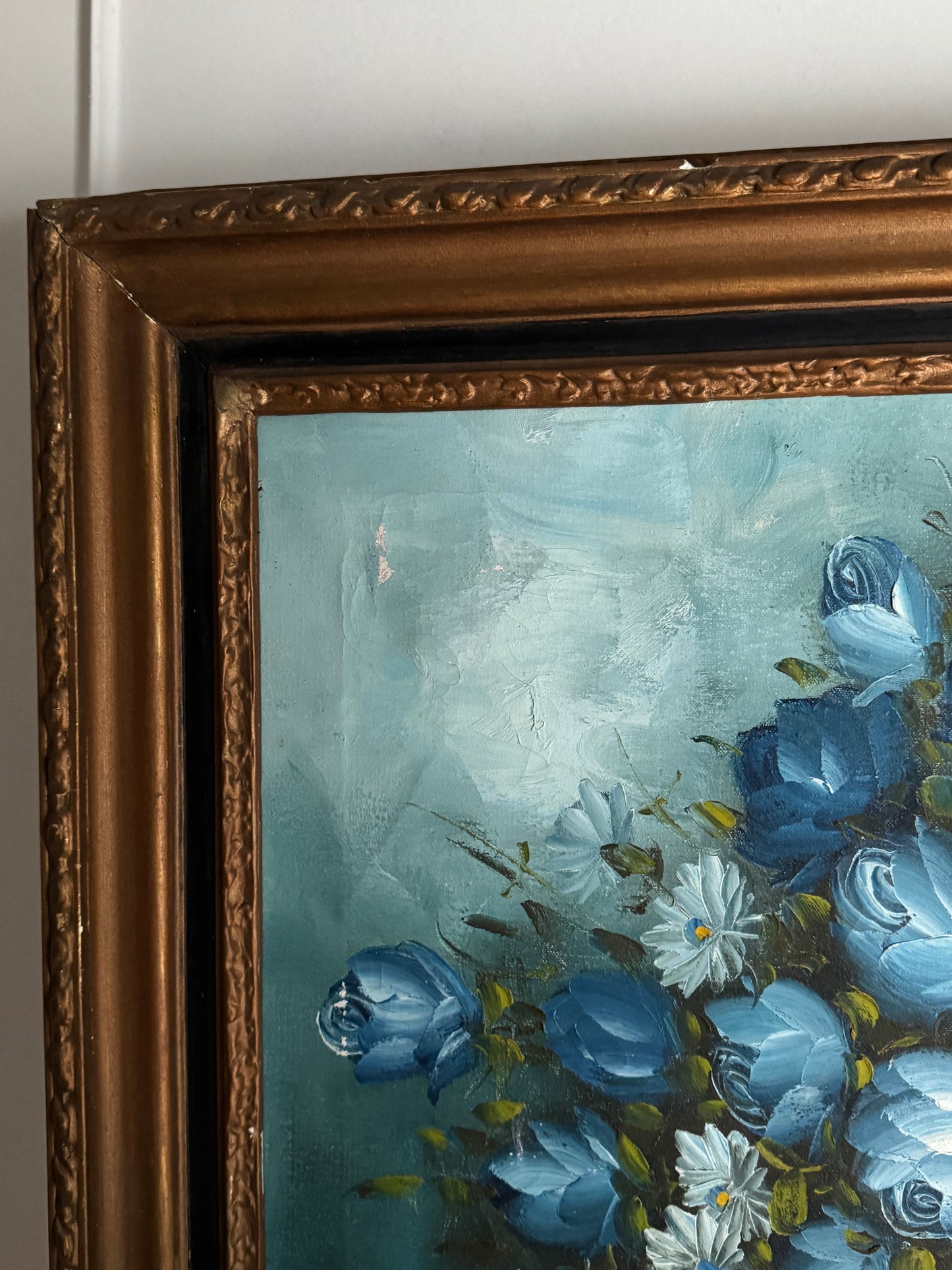 Roy Pasanault Large Floral Oil Painting Blue White Flowers in Gold Frame