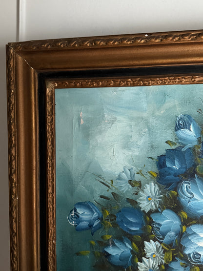 Roy Pasanault Large Floral Oil Painting Blue White Flowers in Gold Frame