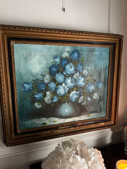 Roy Pasanault Large Floral Oil Painting Blue White Flowers in Gold Frame