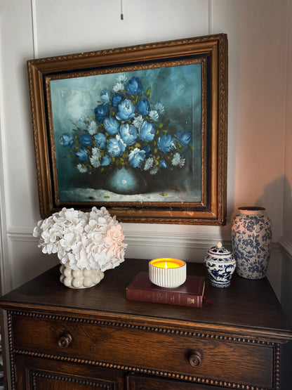 Roy Pasanault Large Floral Oil Painting Blue White Flowers in Gold Frame
