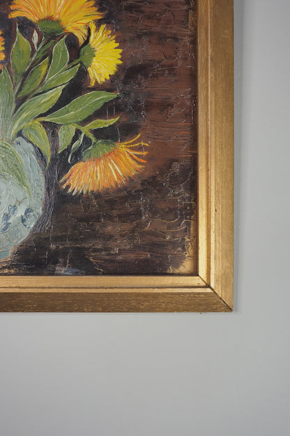 Vintage Yellow Flowers Oil Painting by E. Henstock: Gilt Gold Frame