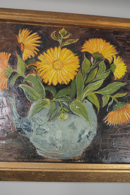 Vintage Yellow Flowers Oil Painting by E. Henstock: Gilt Gold Frame