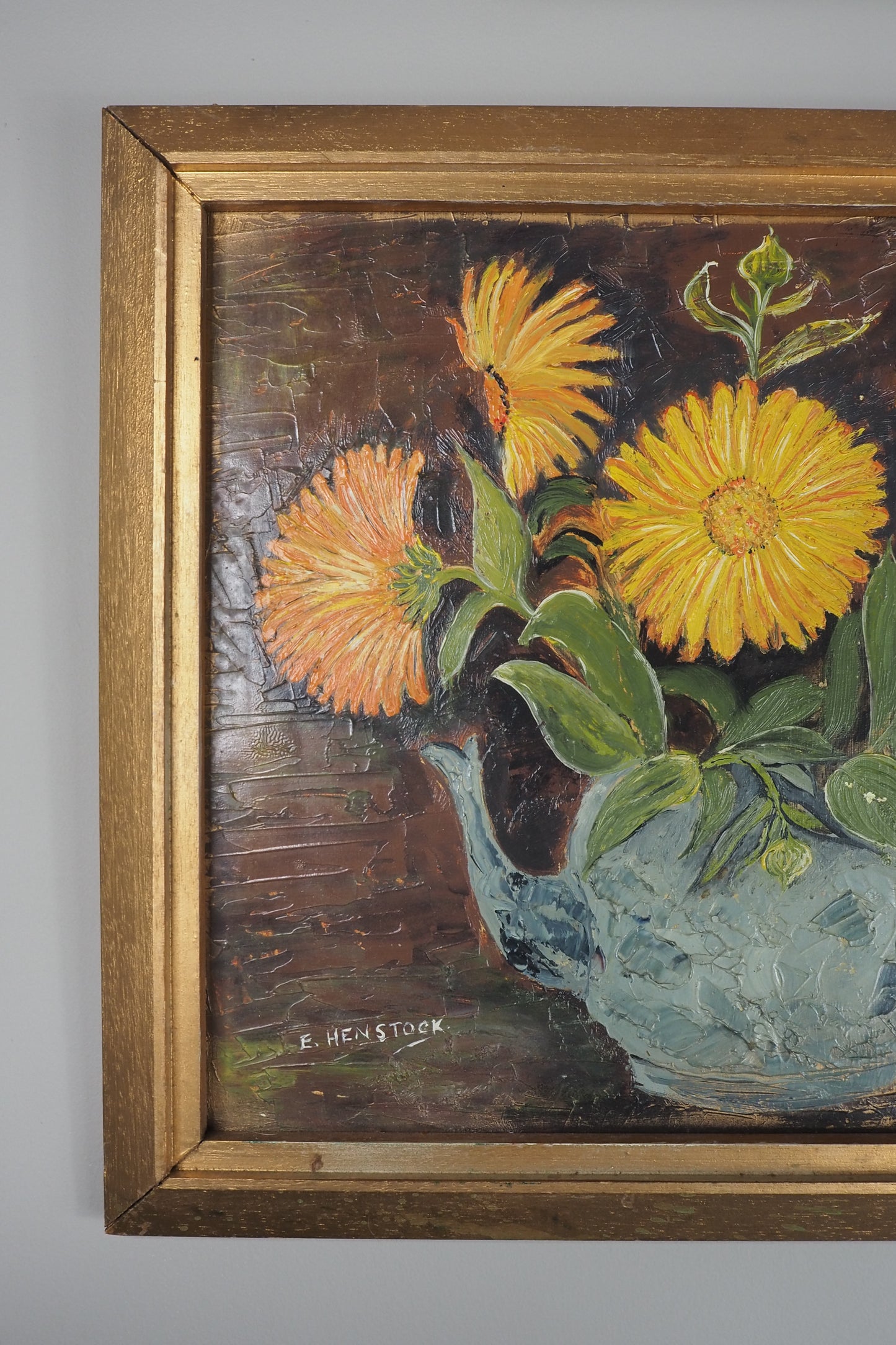 Vintage Yellow Flowers Oil Painting by E. Henstock: Gilt Gold Frame