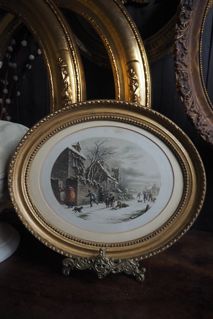 Winter Playtime – Antique Le Blond Oval Cityscape Print c.1910