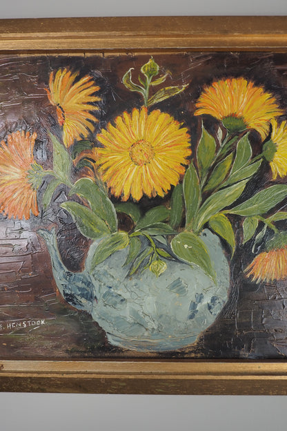 Vintage Yellow Flowers Oil Painting by E. Henstock: Gilt Gold Frame