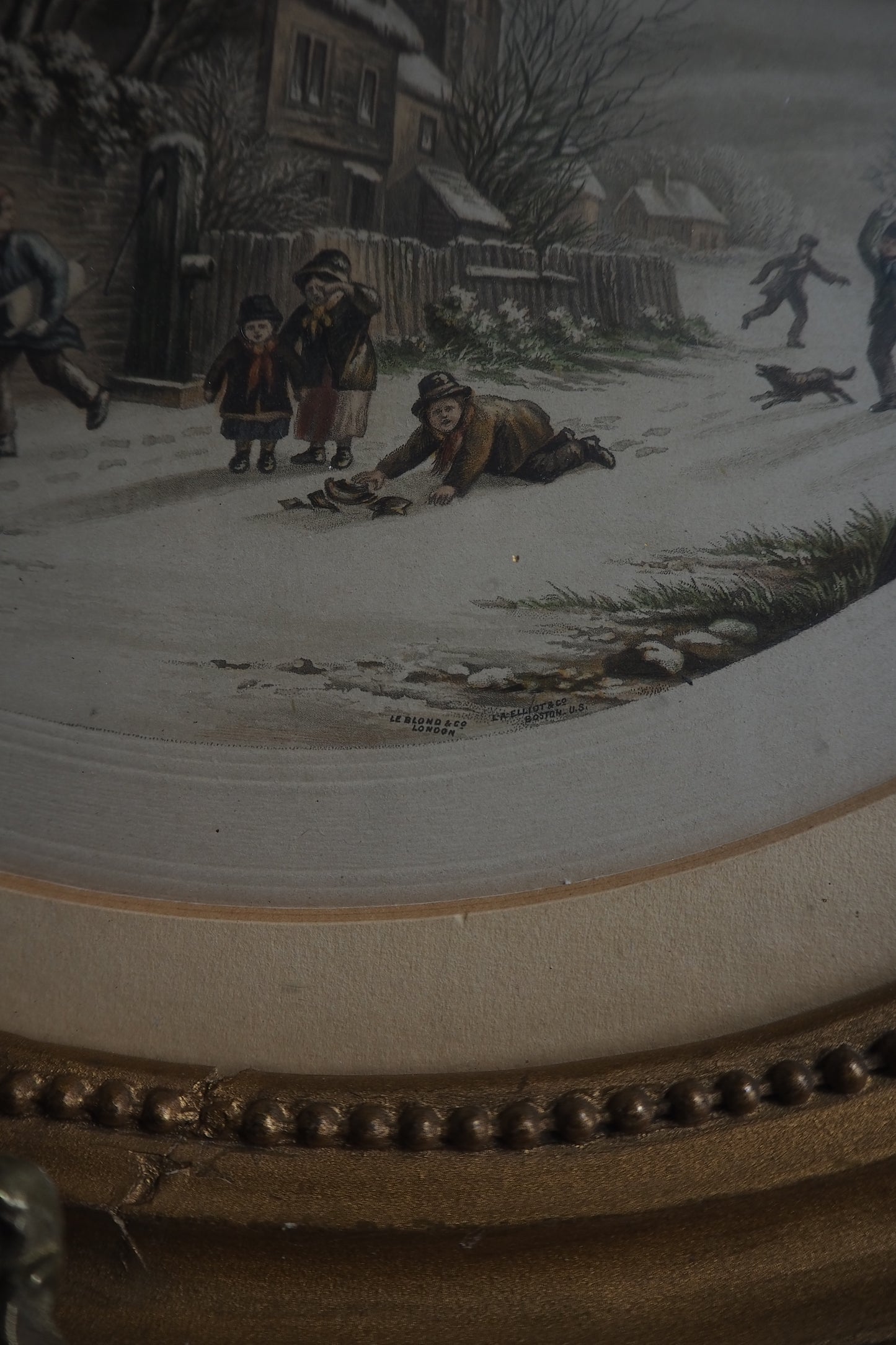 Winter Playtime – Antique Le Blond Oval Cityscape Print c.1910