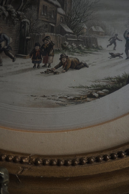 Winter Playtime – Antique Le Blond Oval Cityscape Print c.1910