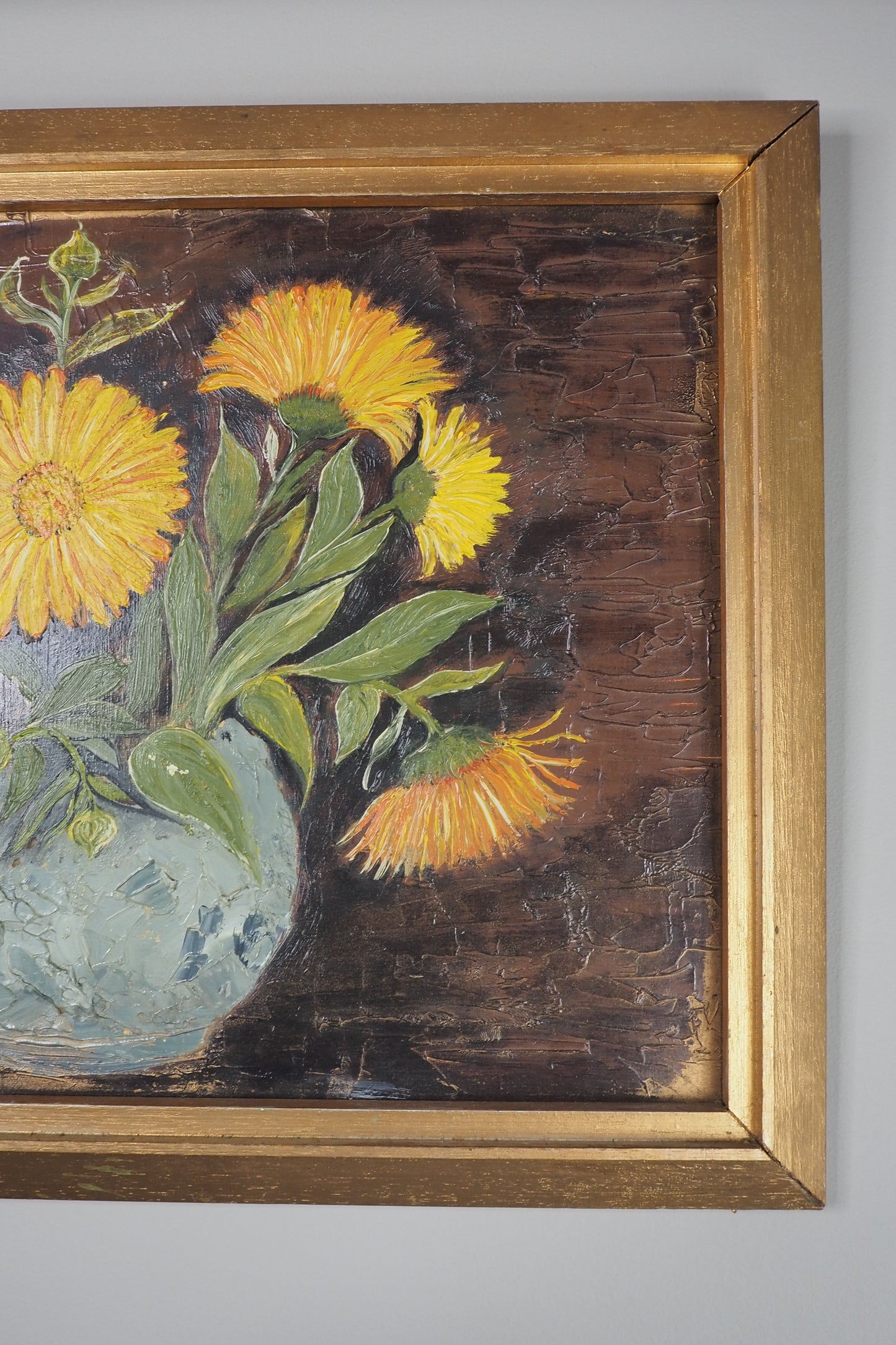 Vintage Yellow Flowers Oil Painting by E. Henstock: Gilt Gold Frame
