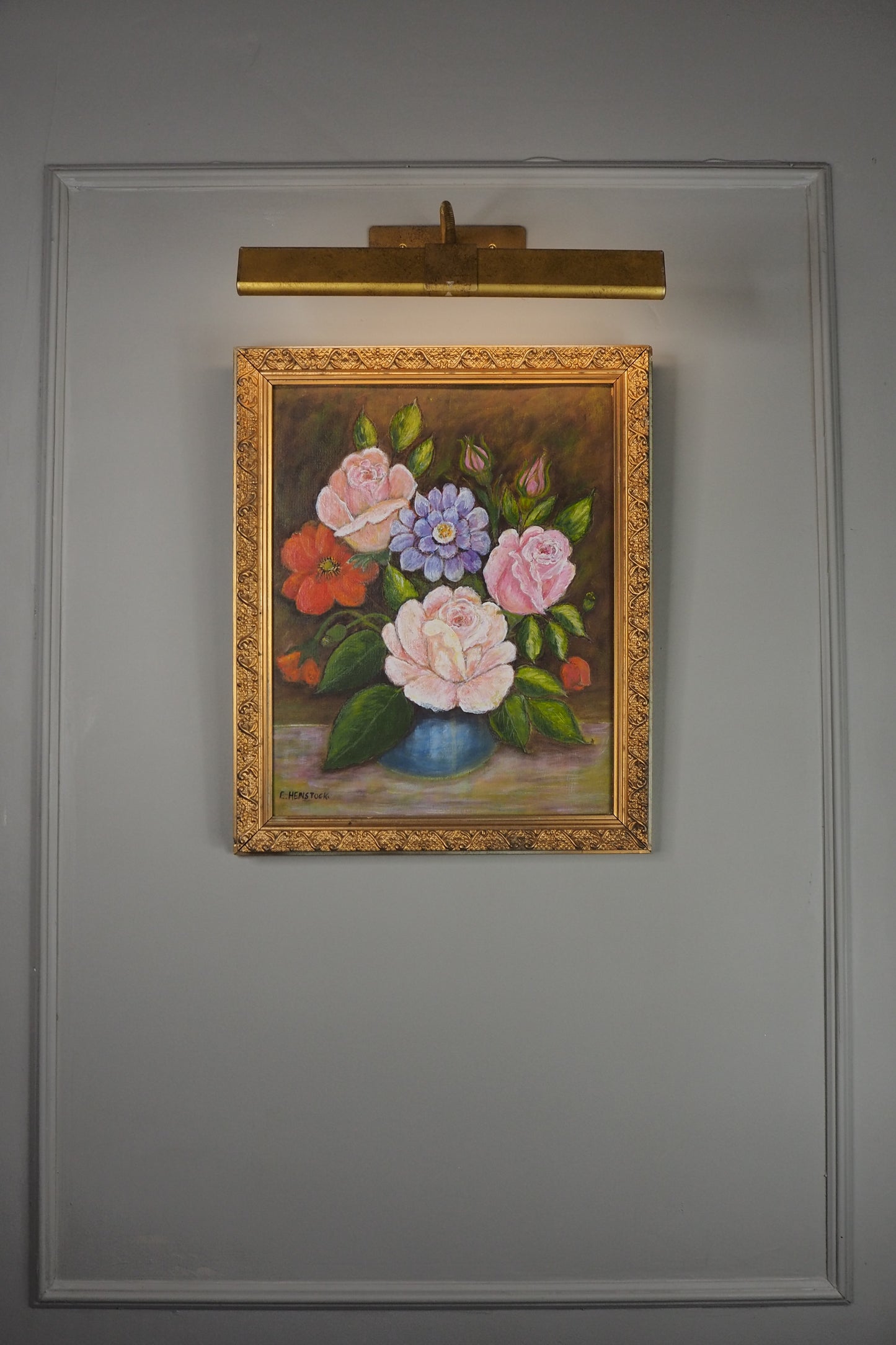 Vintage Floral Oil Painting by E. Henstock: Antique Gold Frame 43 x 35 cm