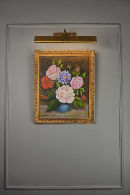 Vintage Floral Oil Painting by E. Henstock: Antique Gold Frame 43 x 35 cm