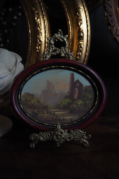 Vintage Oval Landscape Oil Painting in Burgundy Resin Frame