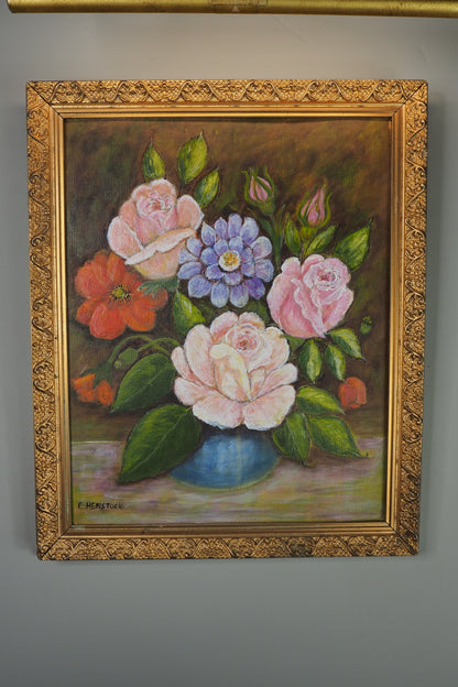 Vintage Floral Oil Painting by E. Henstock: Antique Gold Frame 43 x 35 cm