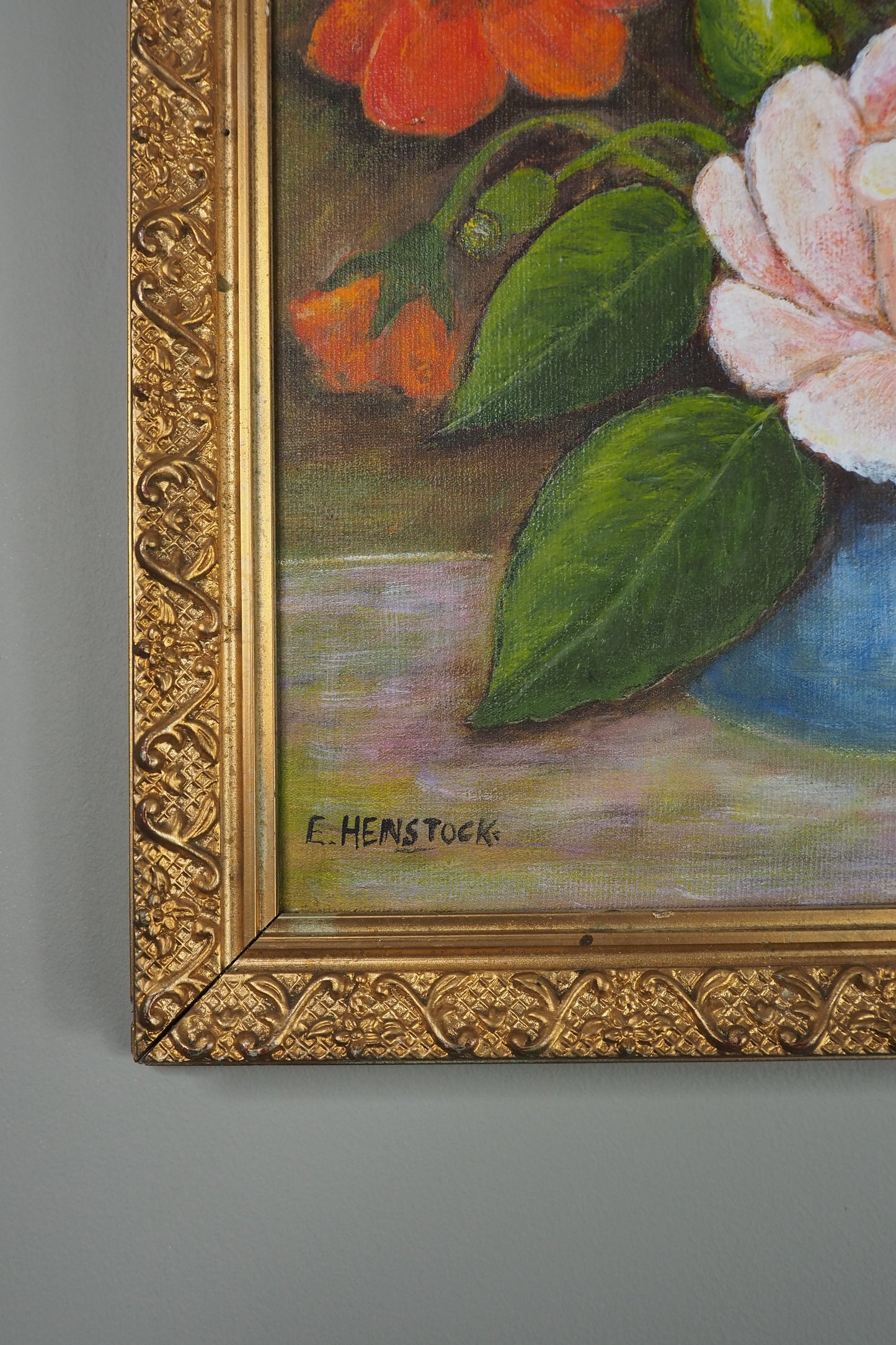 Vintage Floral Oil Painting by E. Henstock: Antique Gold Frame 43 x 35 cm