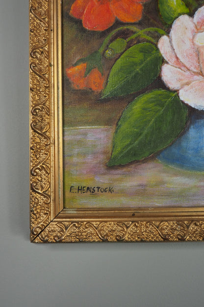 Vintage Floral Oil Painting by E. Henstock: Antique Gold Frame 43 x 35 cm