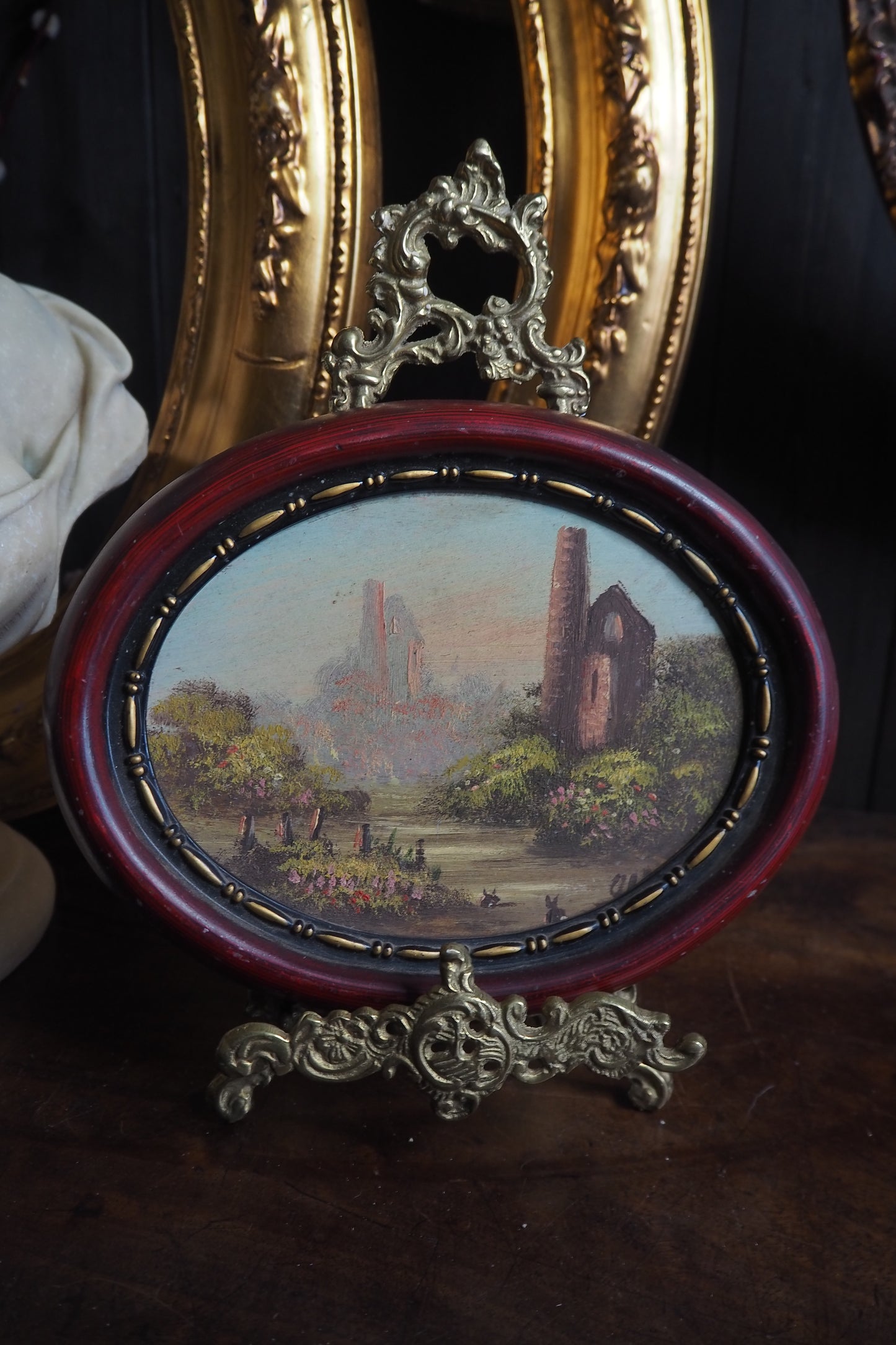 Vintage Oval Landscape Oil Painting in Burgundy Resin Frame
