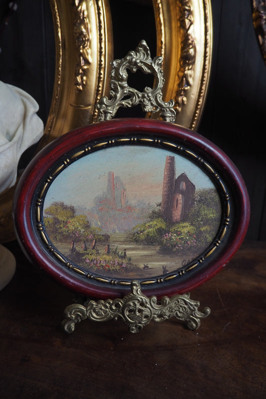 Vintage Oval Landscape Oil Painting in Burgundy Resin Frame