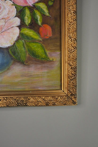 Vintage Floral Oil Painting by E. Henstock: Antique Gold Frame 43 x 35 cm