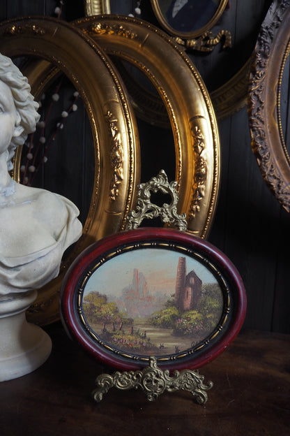 Vintage Oval Landscape Oil Painting in Burgundy Resin Frame