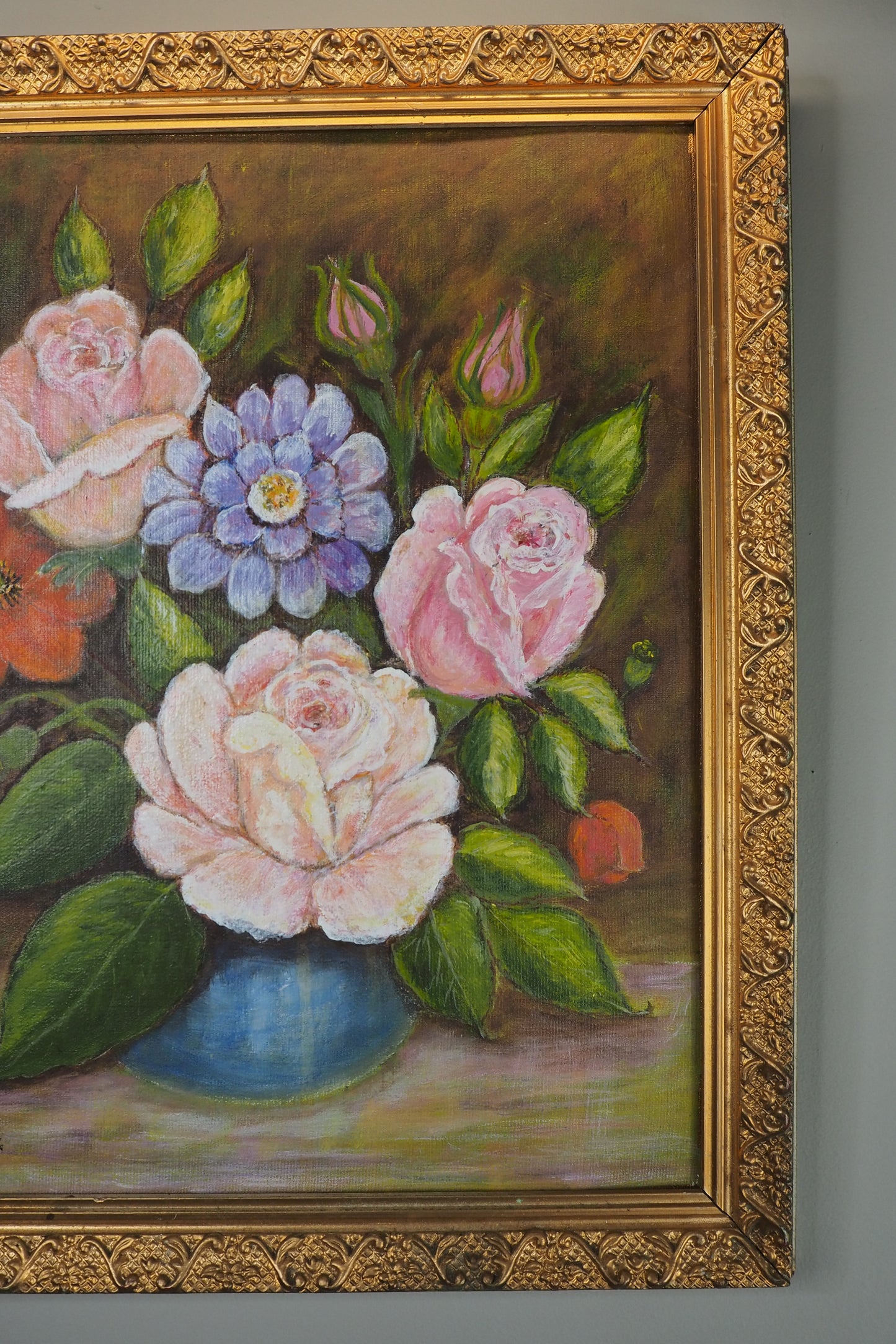 Vintage Floral Oil Painting by E. Henstock: Antique Gold Frame 43 x 35 cm