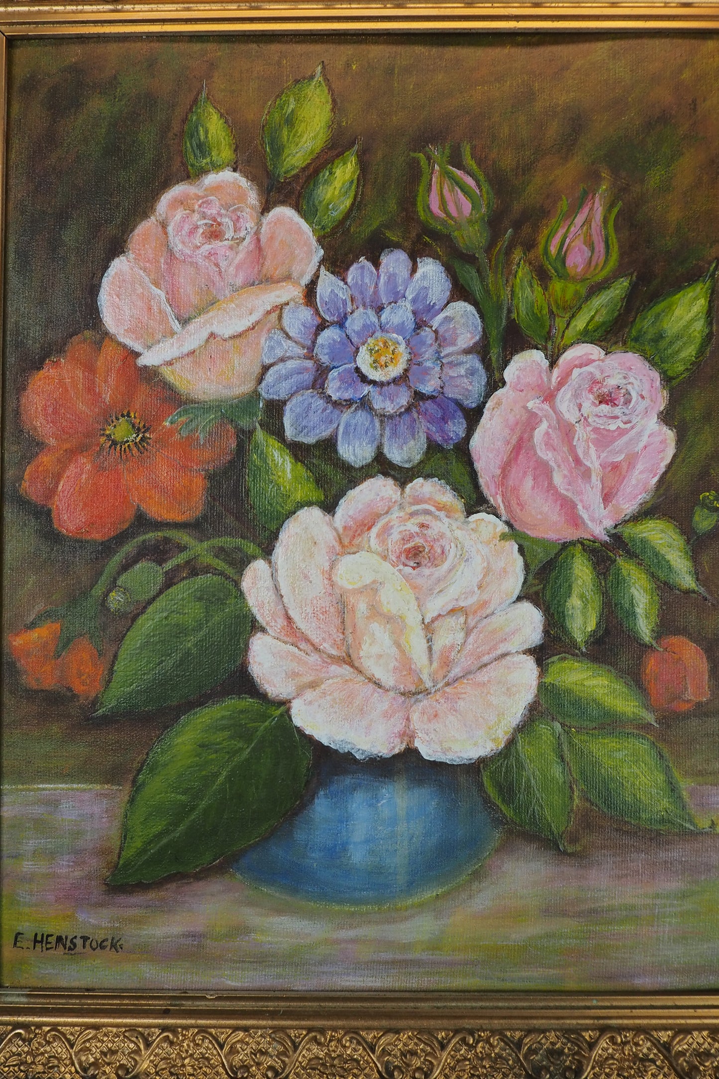 Vintage Floral Oil Painting by E. Henstock: Antique Gold Frame 43 x 35 cm