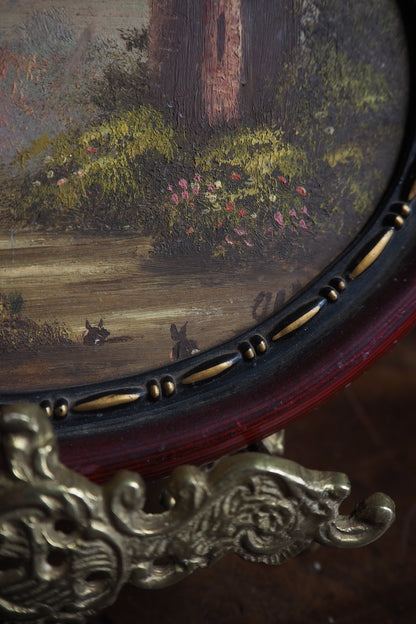 Vintage Oval Landscape Oil Painting in Burgundy Resin Frame