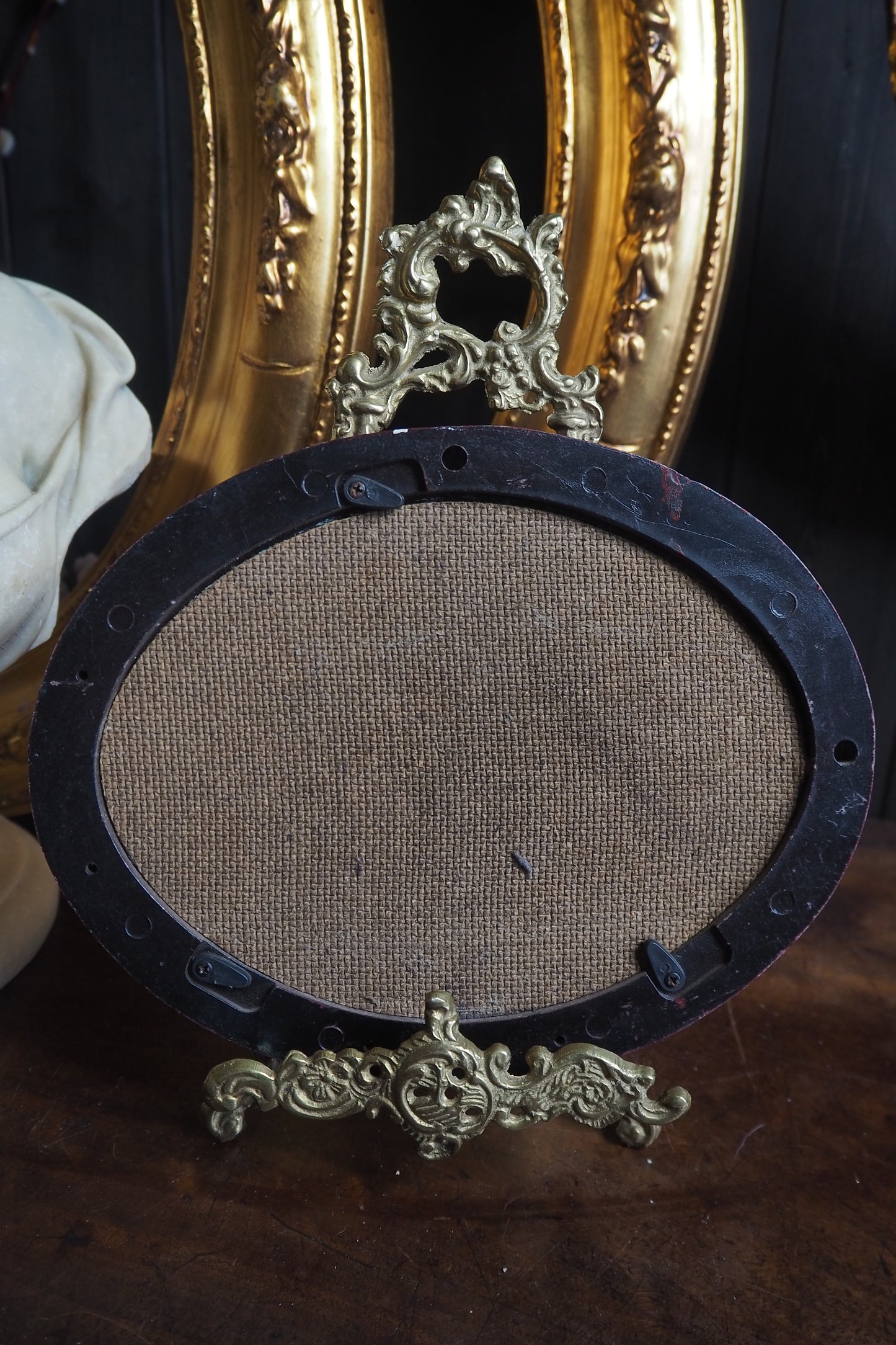 Vintage Oval Landscape Oil Painting in Burgundy Resin Frame