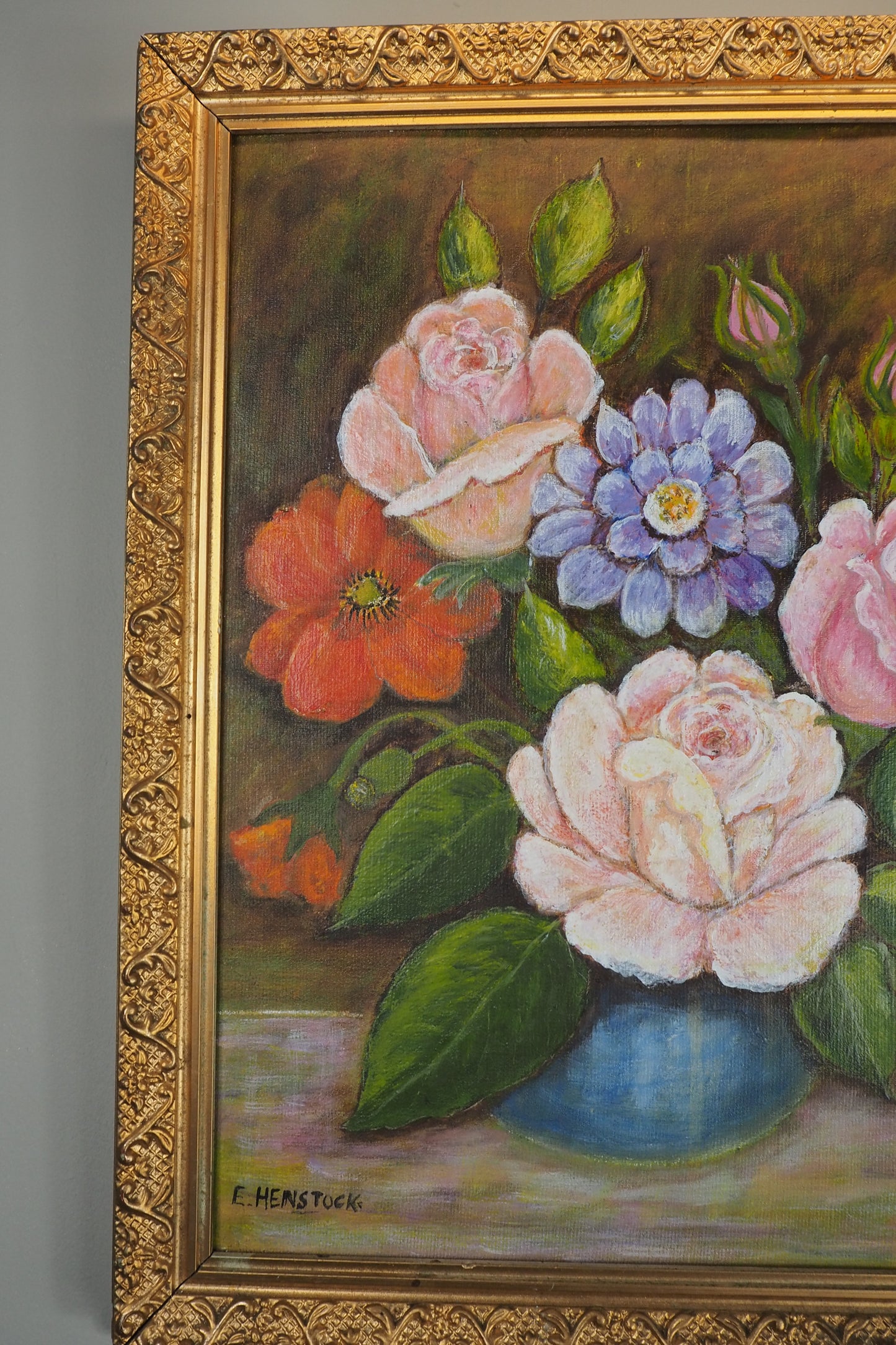 Vintage Floral Oil Painting by E. Henstock: Antique Gold Frame 43 x 35 cm