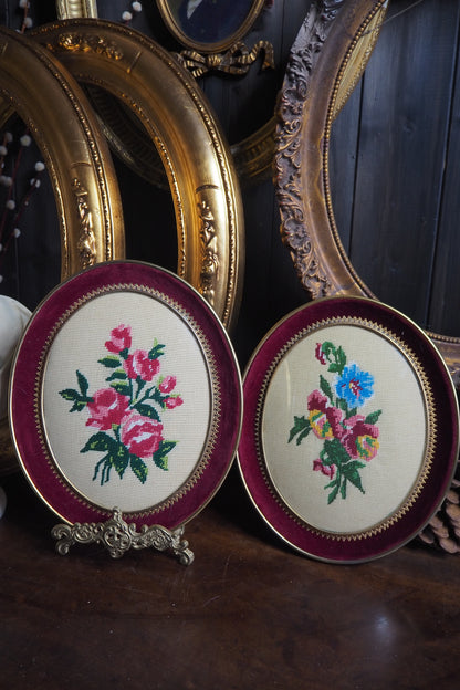 Vintage Embroidery Artwork Pair in Convex Glass Frames