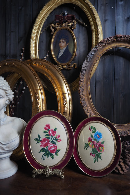 Vintage Embroidery Artwork Pair in Convex Glass Frames