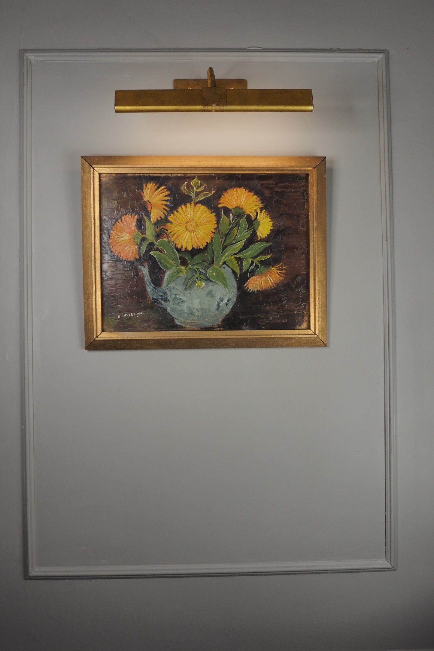 Vintage Yellow Flowers Oil Painting by E. Henstock: Gilt Gold Frame