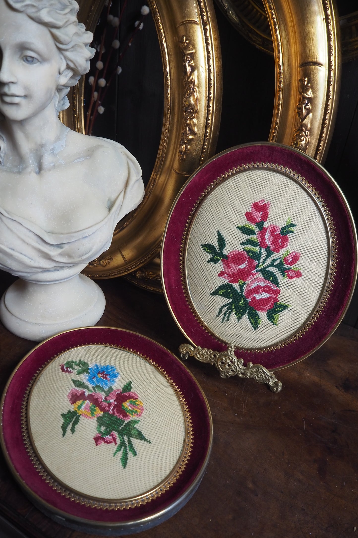 Vintage Embroidery Artwork Pair in Convex Glass Frames