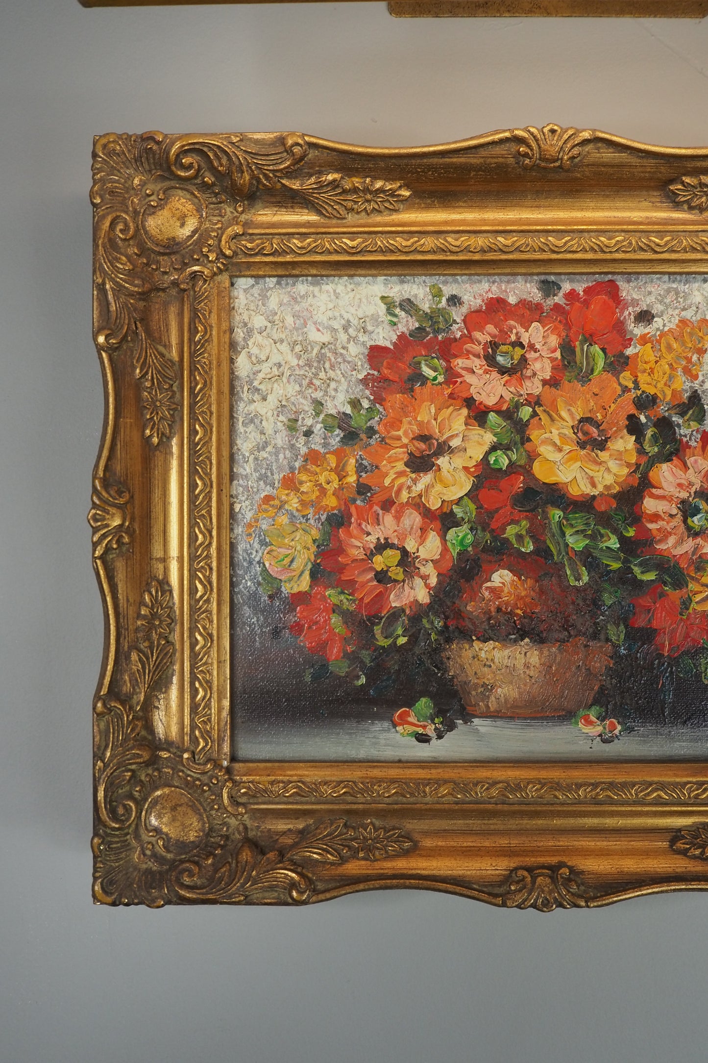 Mid-Century Heavy Brushwork Floral Oil Painting in Ornate Frame