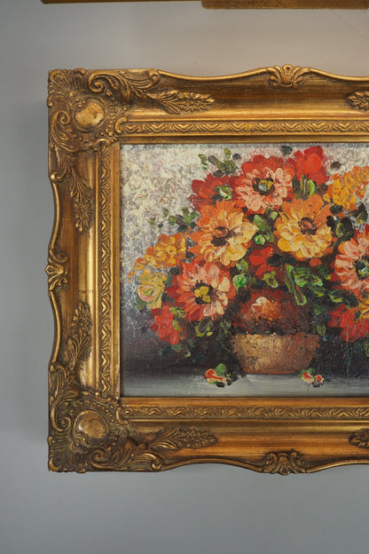 Mid-Century Heavy Brushwork Floral Oil Painting in Ornate Frame