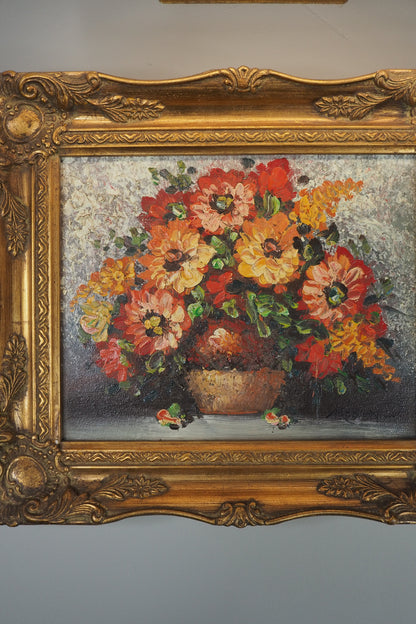 Mid-Century Heavy Brushwork Floral Oil Painting in Ornate Frame